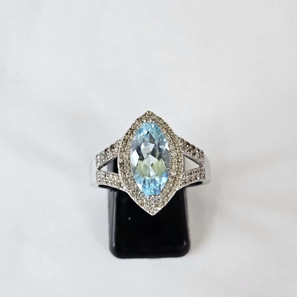 Vintage Sky Blue Topaz and White Zircon Sterling Silver Ring Size 10 - Picture 6 of 16